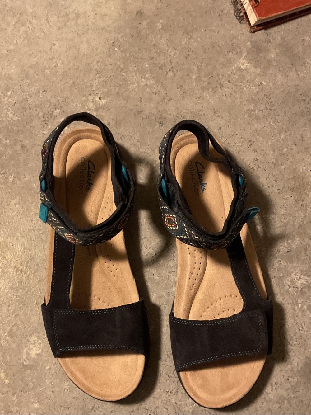 Clarks Black Suede Ankle-Strap Sandals with Turquoise Accents